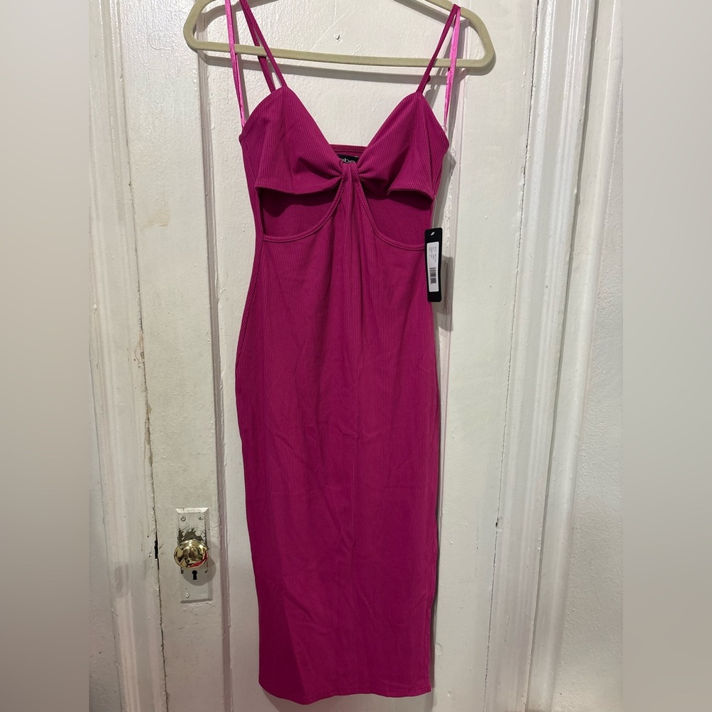 bebe Fuchsia Ribbed Maxi Dress with Front Twist and slit on the side
